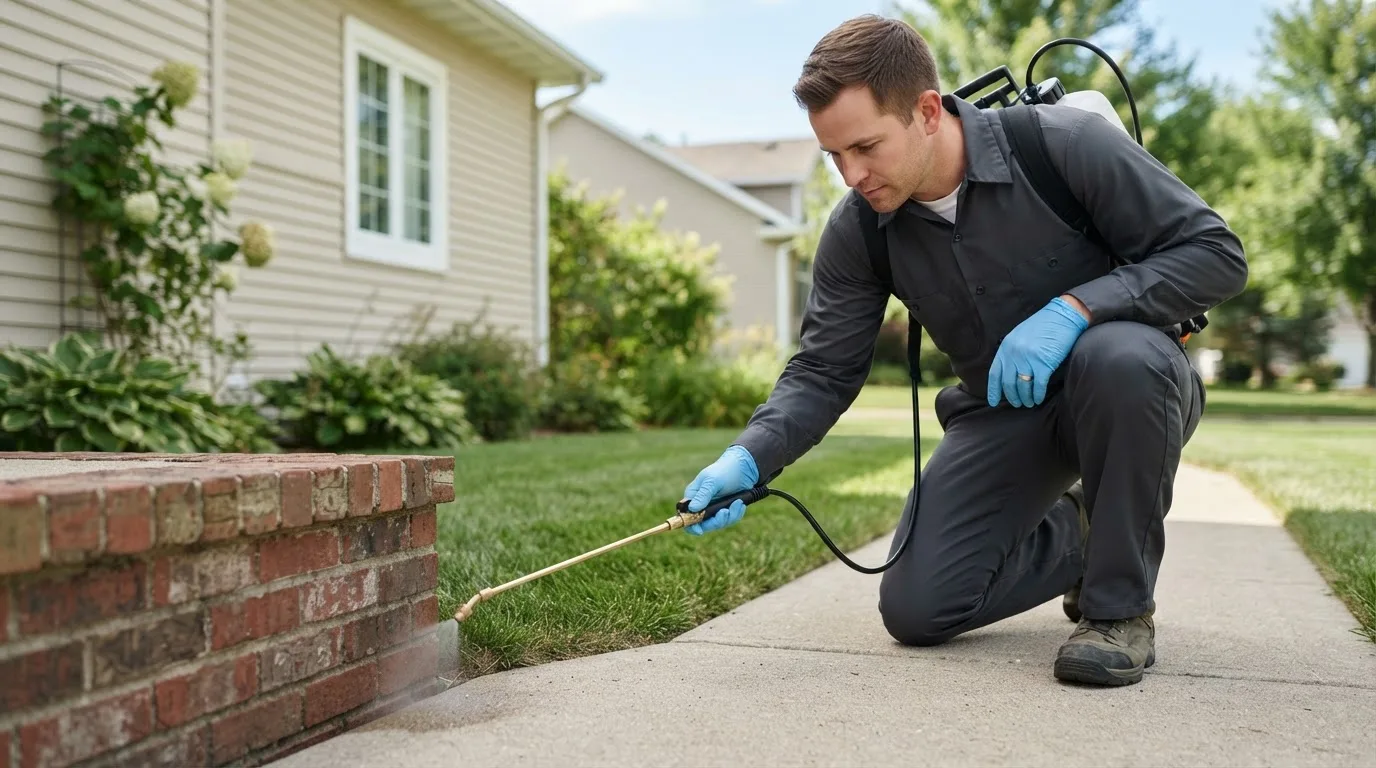 Pest control technician treating a home near Marlborough, NH